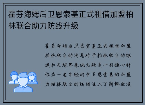 霍芬海姆后卫恩索基正式租借加盟柏林联合助力防线升级 霍芬海姆后卫恩索基正式租借加盟柏林联合助力防线升级