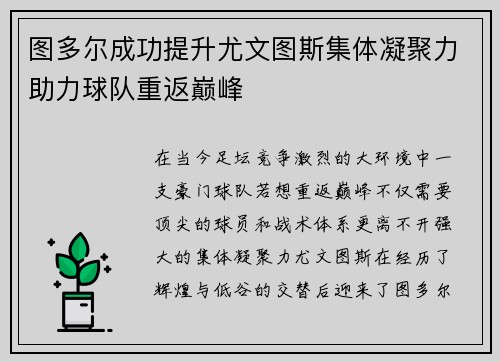 图多尔成功提升尤文图斯集体凝聚力助力球队重返巅峰 图多尔成功提升尤文图斯集体凝聚力助力球队重返巅峰