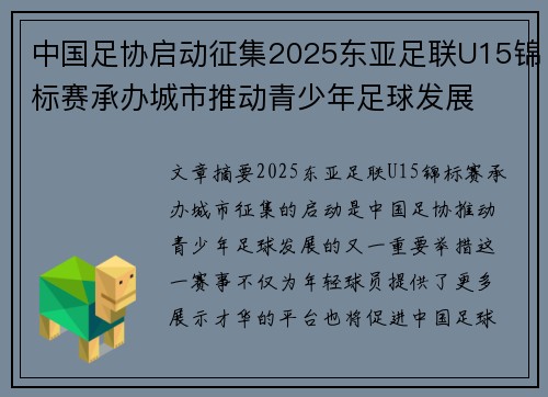 中国足协启动征集2025东亚足联U15锦标赛承办城市推动青少年足球发展 中国足协启动征集2025东亚足联U15锦标赛承办城市推动青少年足球发展